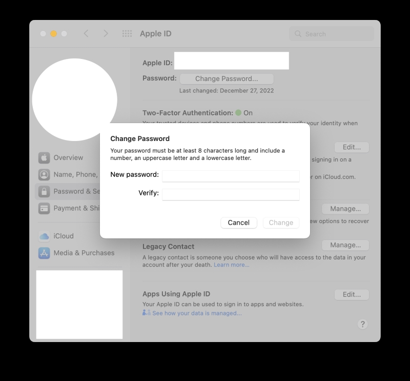 Apple ID change password screen on Macbook