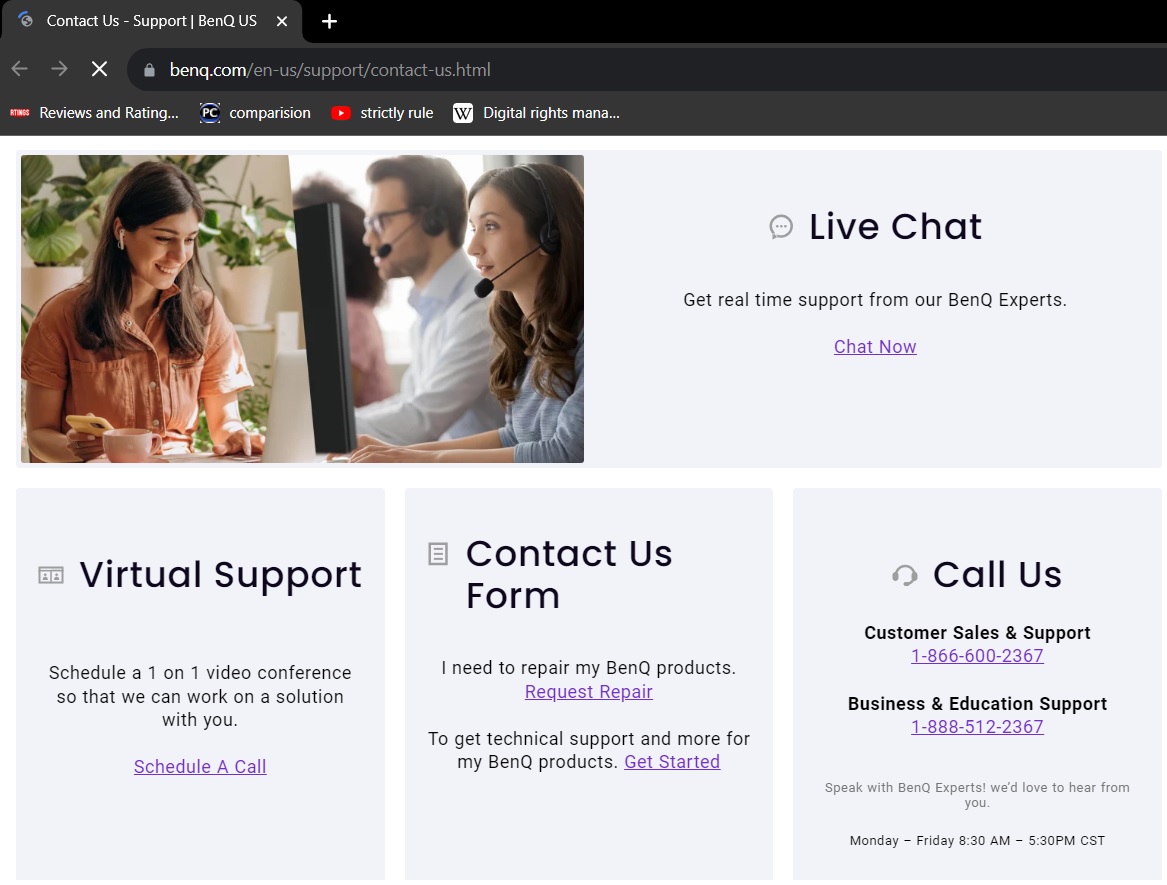 BenQ support on their website with many options for user to contact