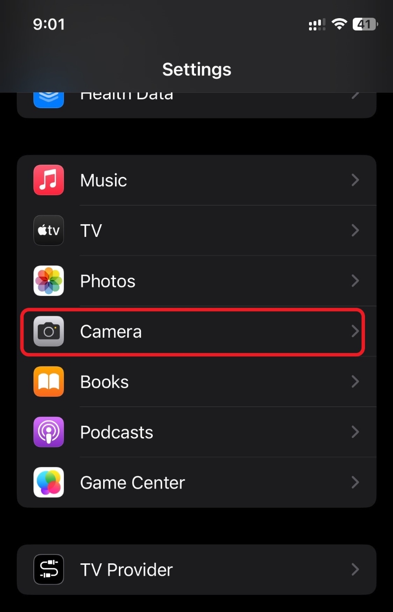 Camera Settings option on iPhone screen