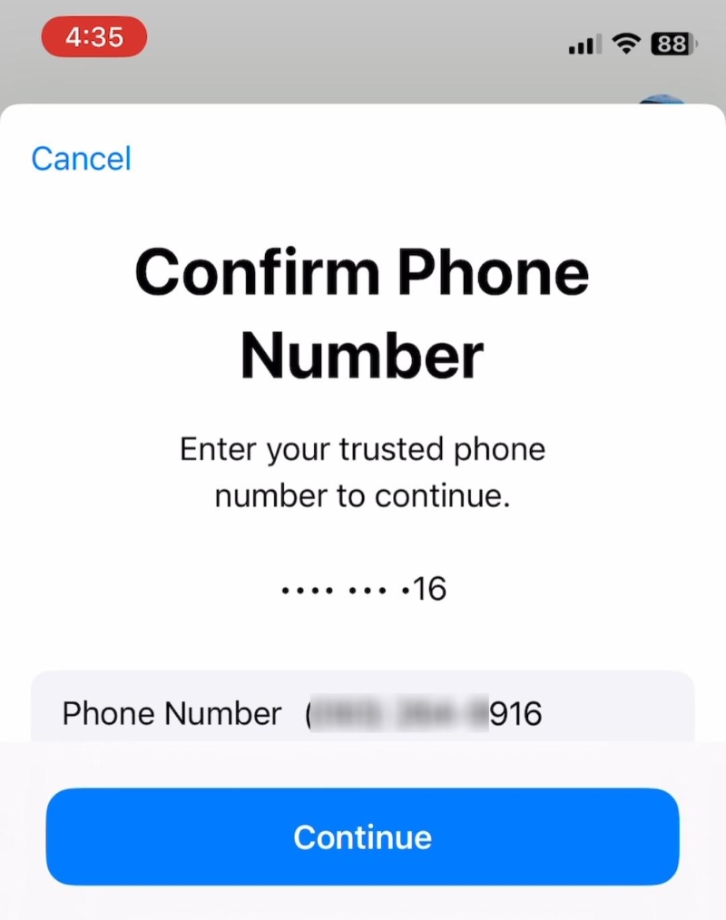 Confirm Phone Number screen on Apple Support app