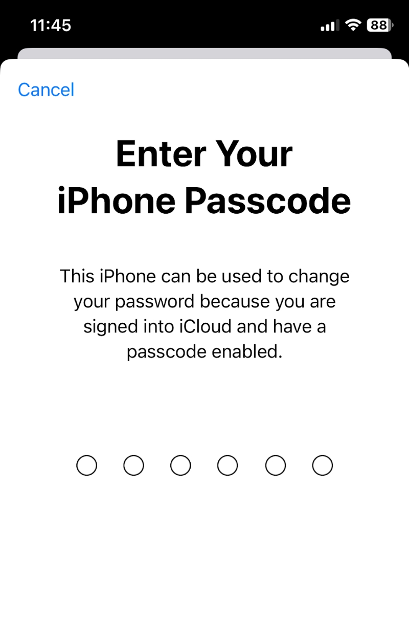 Enter Your iPhone Passcode screen
