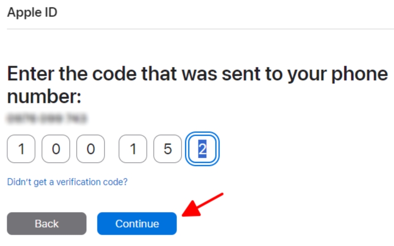 Enter the code that was sent to your phone number page