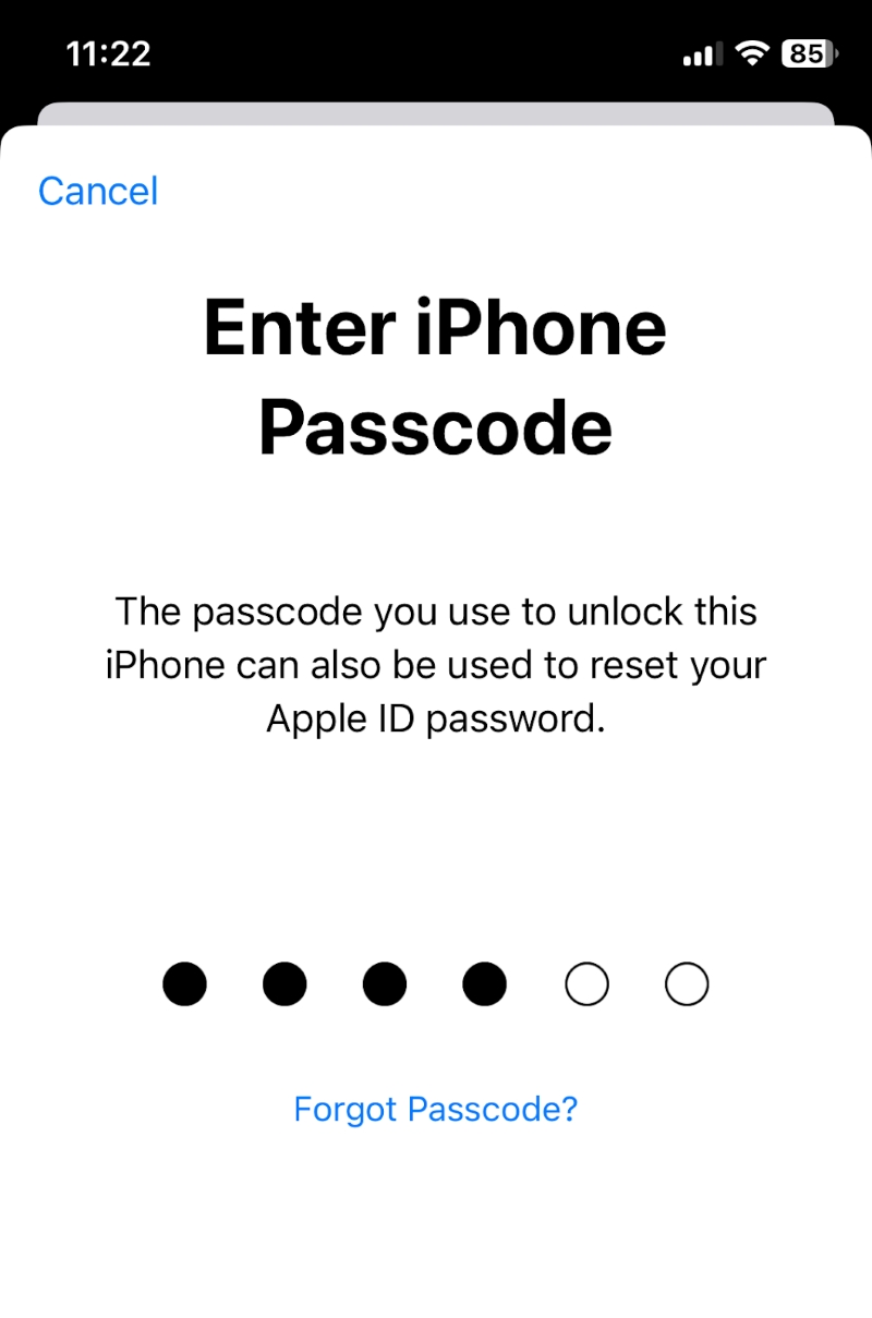 Enter the iPhone passcode to reset your Apple ID password