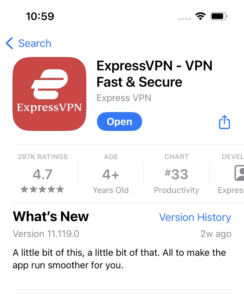 ExpressVPN app on iPhone Appstore