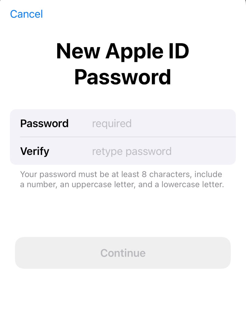 New Apple ID password creation screen