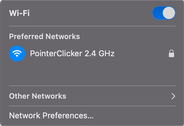 PointerClicker Wi-Fi at 2.4GHz is connecting to a MacBook mini