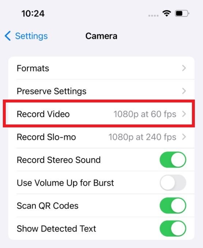 Record Video option on iPhone Camera settings