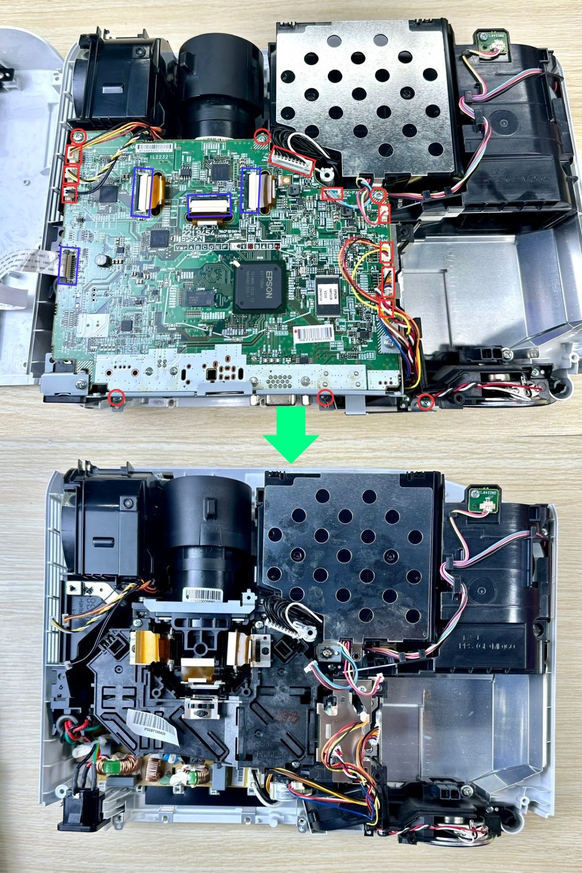 Remove the mainboard & the metal bracket of an epson projector