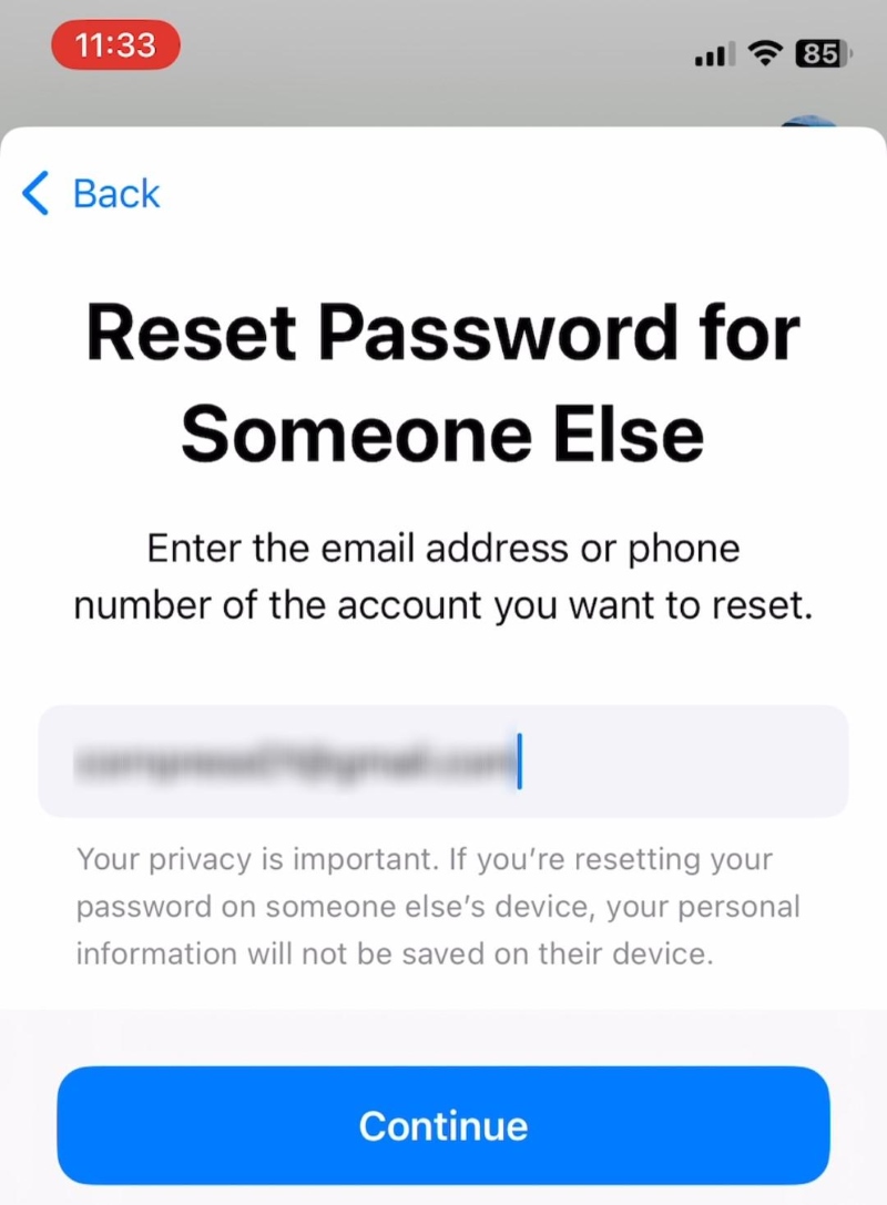 Reset Password for Someone Else screen on the Apple Support app