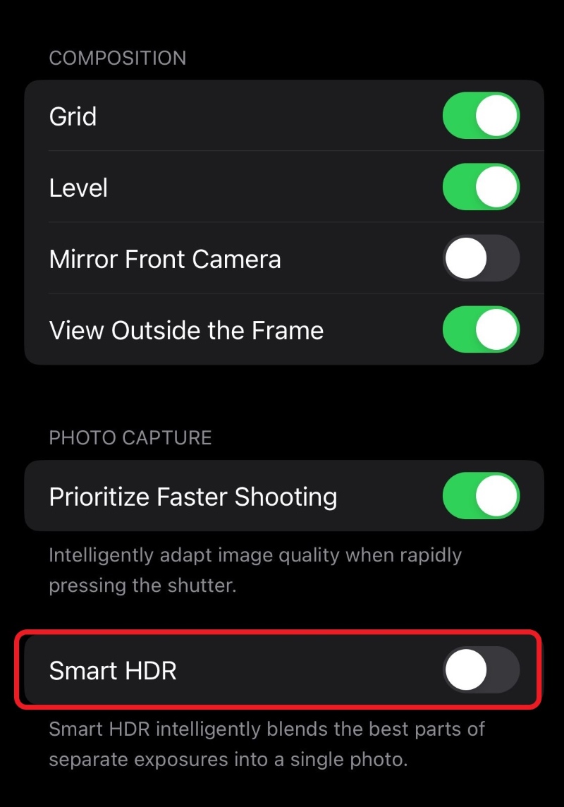 Smart HDR feature is turned off on iPhone Camera settings
