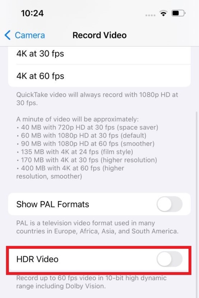 The HDR Video option is turned off on the iPhone Camera settings