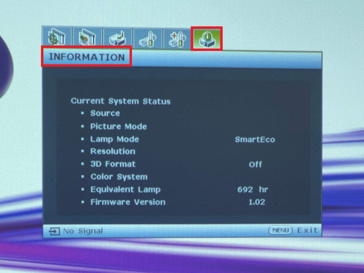 The Information tab from the BenQ projector settings