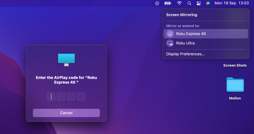 The MacBook is prompting to enter the 4 digits code on the Roku Player