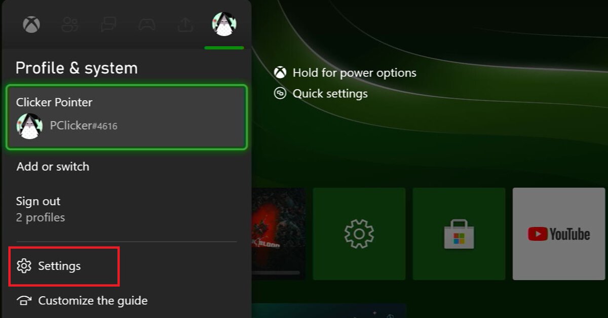 The Settings is being hihglighted with a red box from the quick menu on Xbox Series S