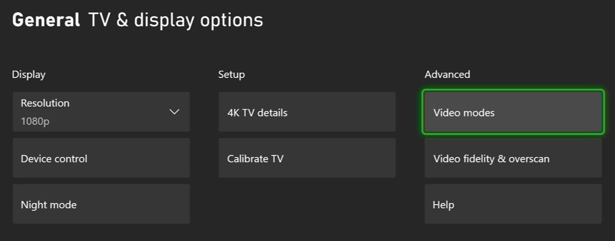 The Video Modes from the Settings on the Xbox Series S