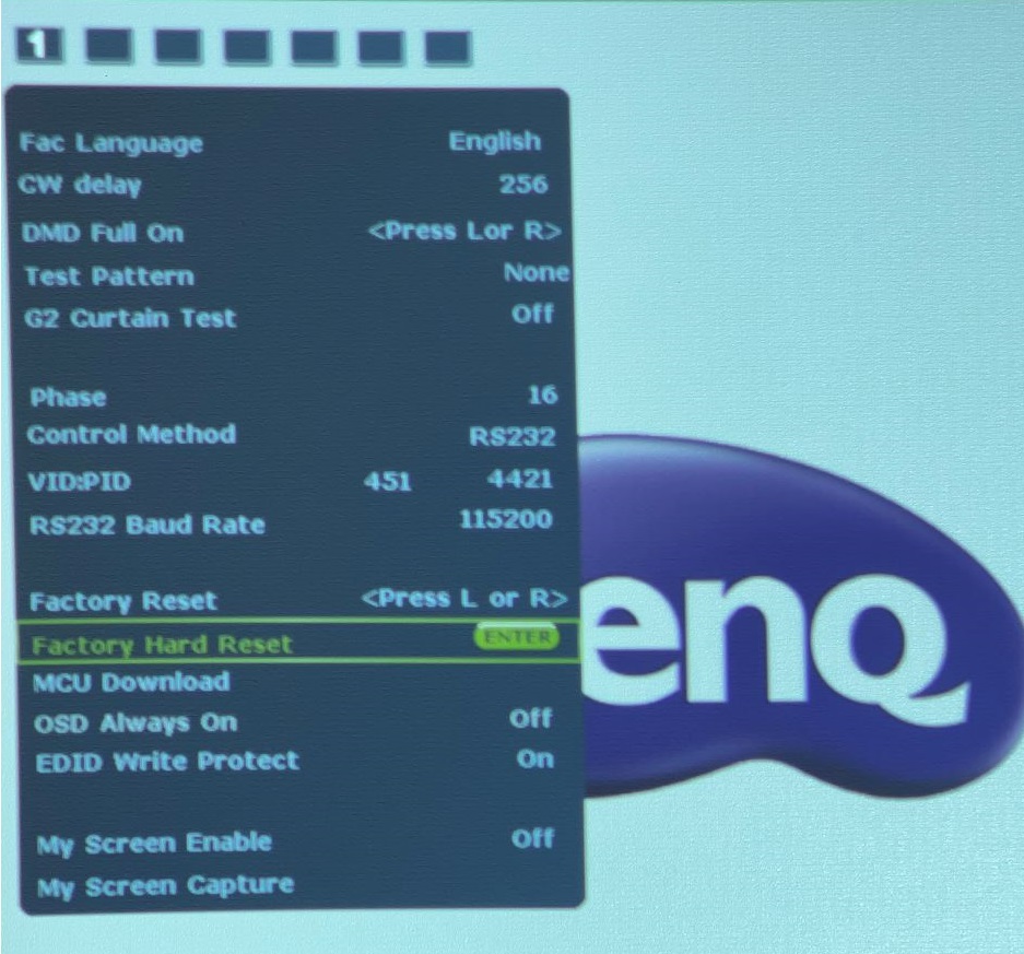 The factory hard reset on the tab one of the service menu of the BenQ projector