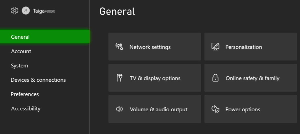 The general settings from the Xbox Series S