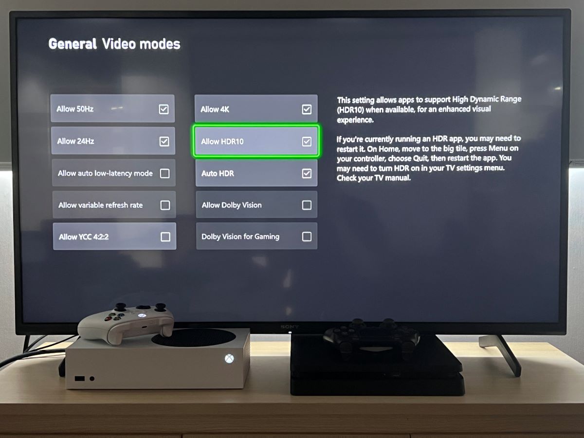 The general video modes and the option Allow HDR is enabled