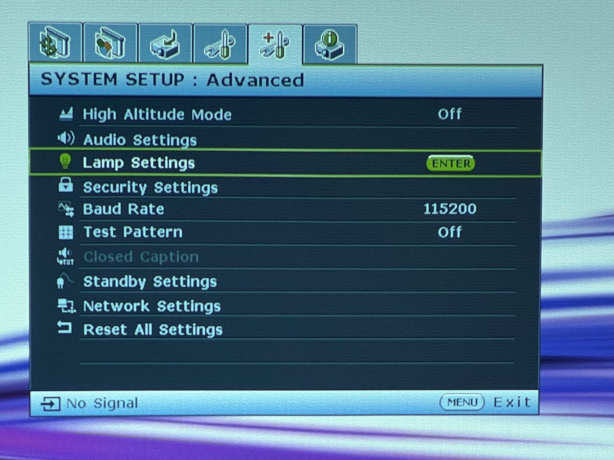 The lamp settings from the System advanced tab on BenQ projector