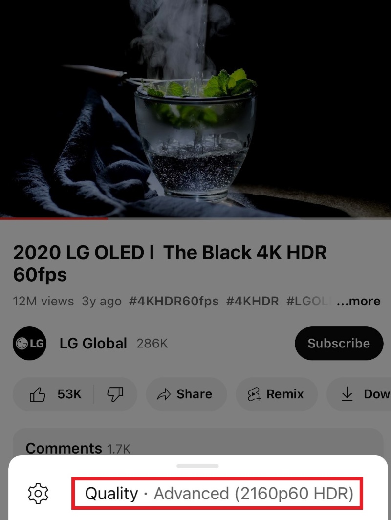 The quality section of the Youtube video shows that the video is playing in 4K HDR format