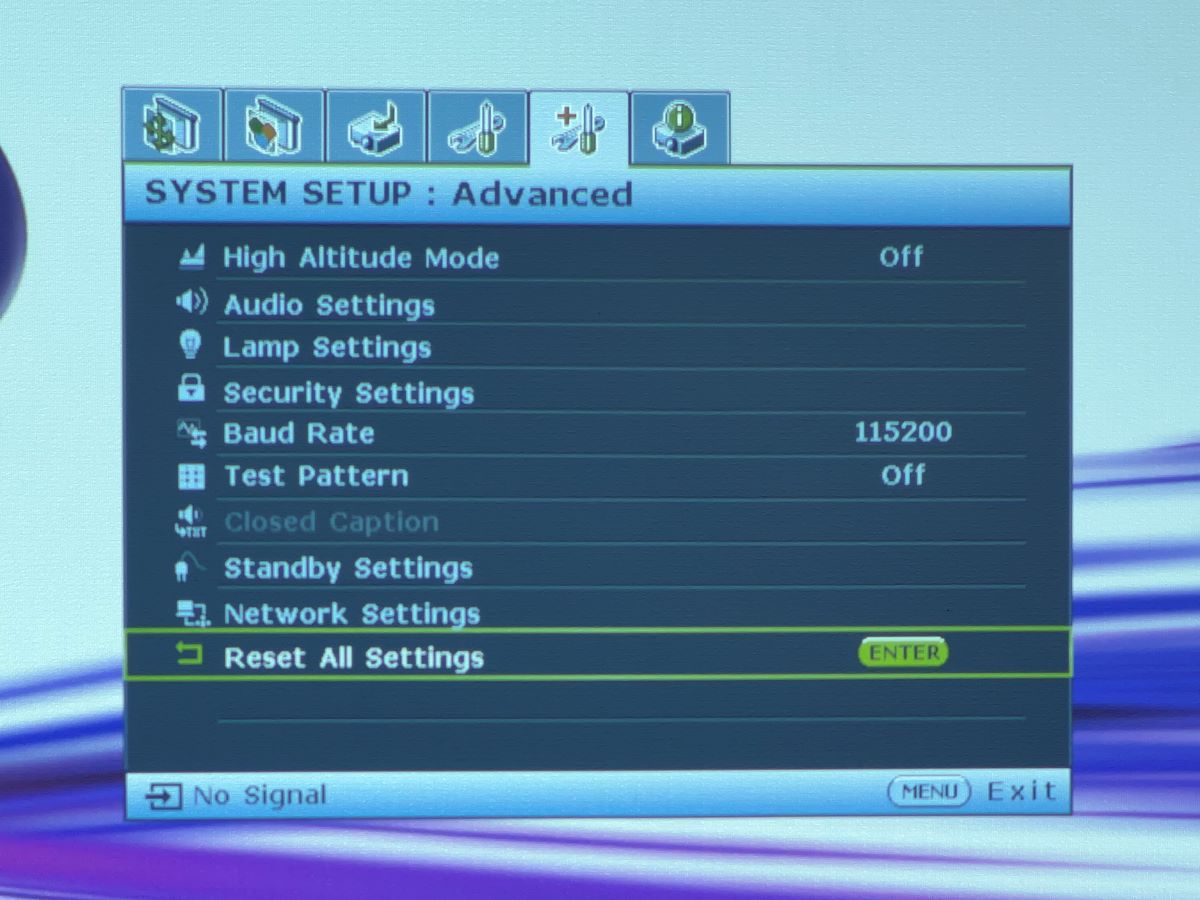 The reset all settings feature from the BenQ projector