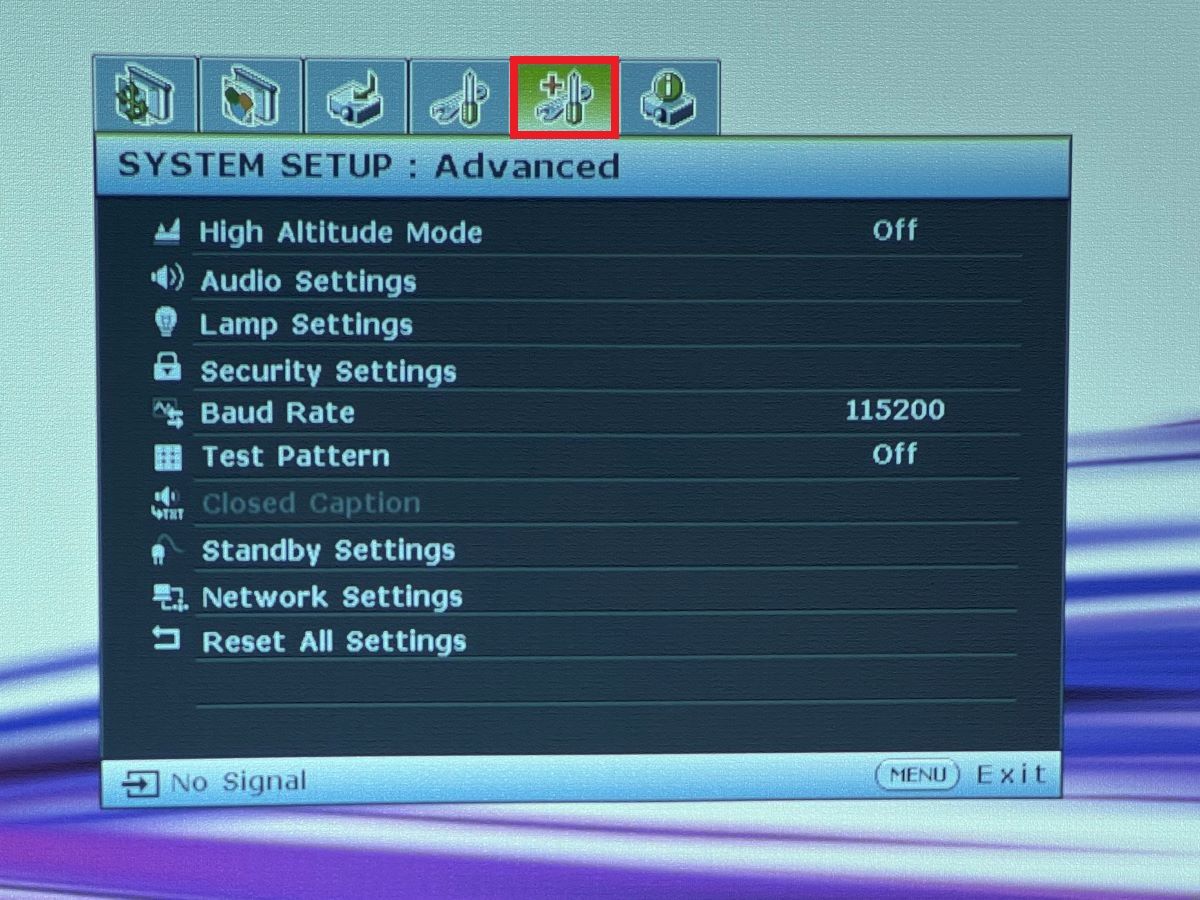 The system advanced setup from the BenQ projector