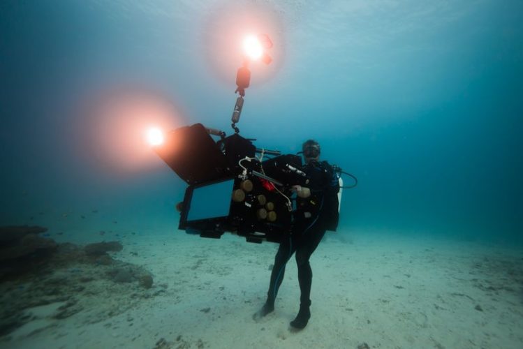 an underwater photographer operates a giant 3D IMAX camera under the sea