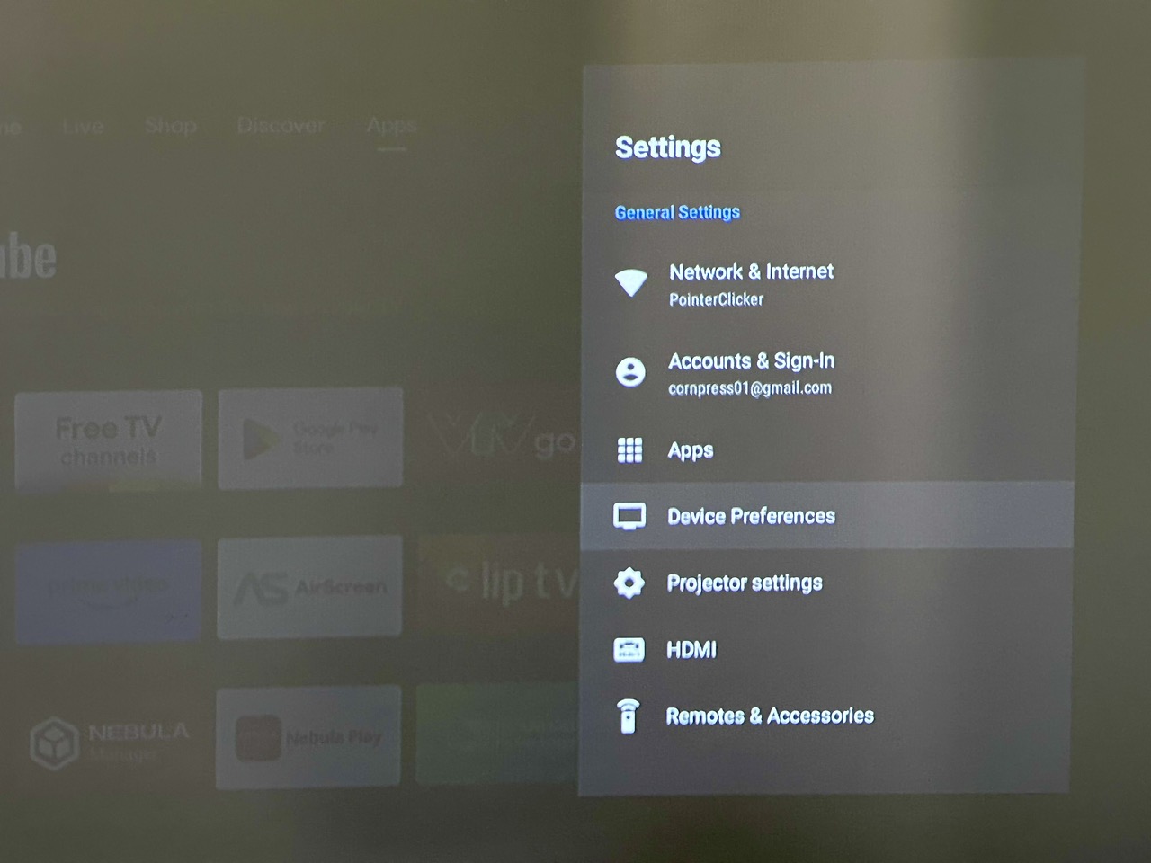 device preferences option is highlighted on the nebula projector