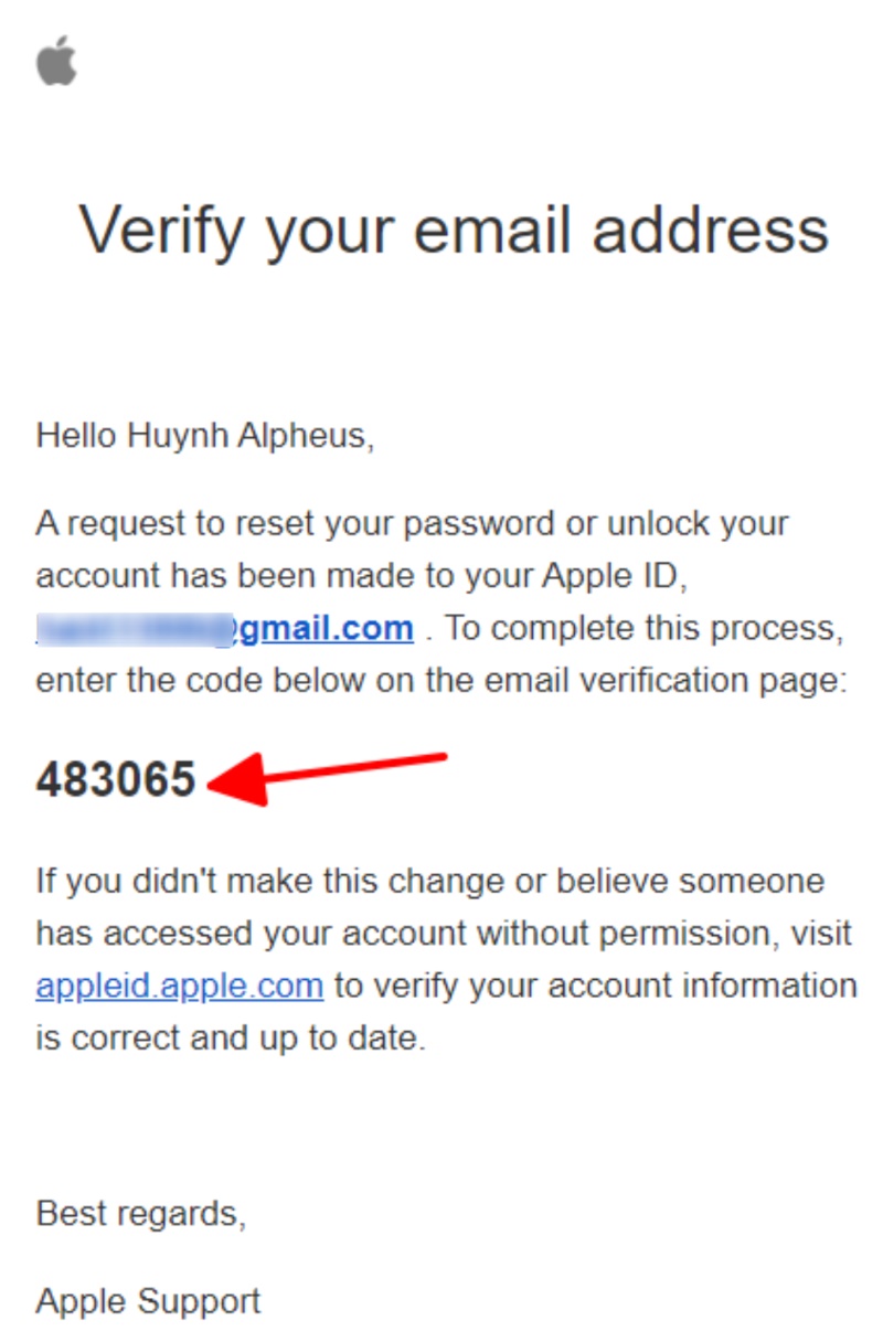 email to Verify your email address from Apple in Apple ID password change request