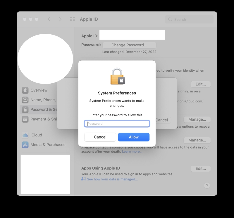 enter Macbook password to allow System Preferences to make change