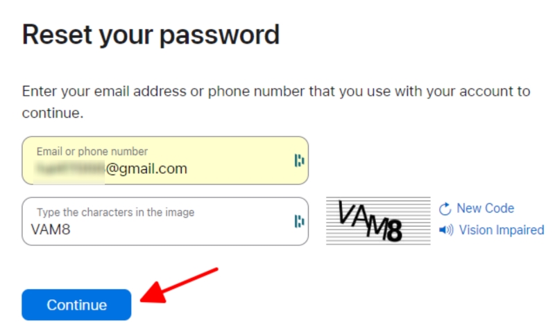 enter mail and captcha code to continue resetting your Apple ID password