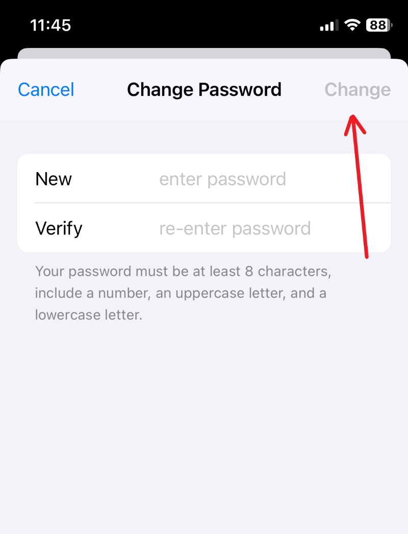 highlighted Change option in the Apple ID password change screen