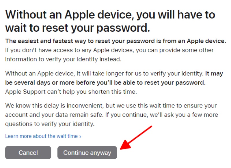 highlighted Continue anyway option on the Apple ID change password support site