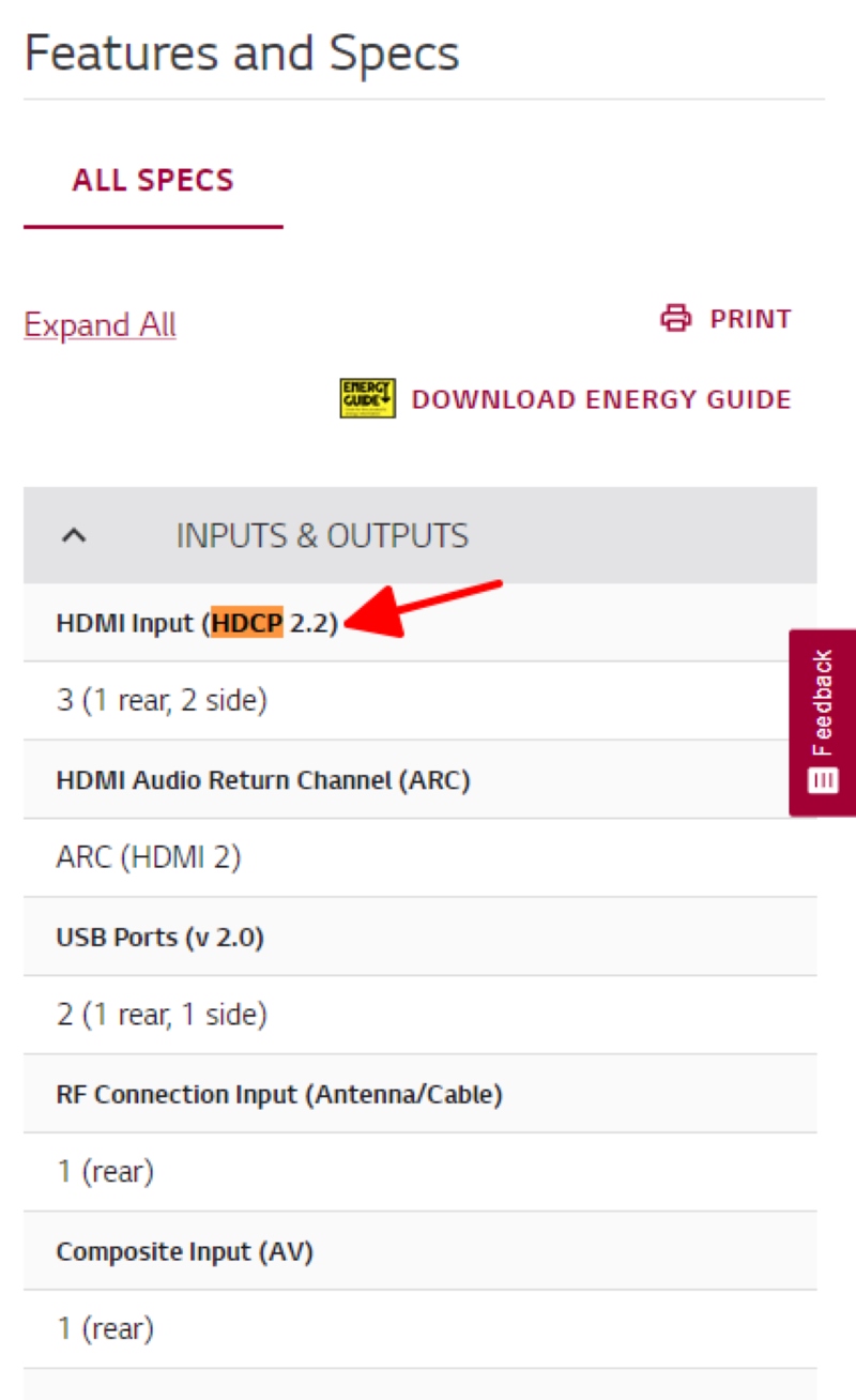 highlighting HDCP 2.2 compliant info on the LG TV specification page