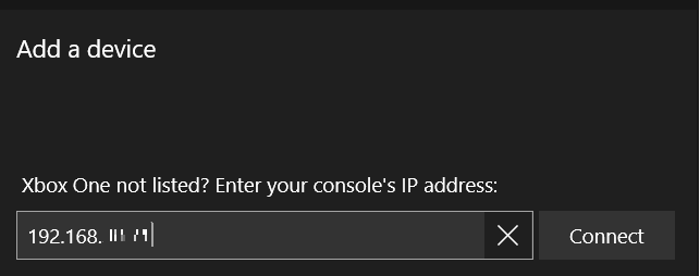The IP address is being entered in the Xbox Console App