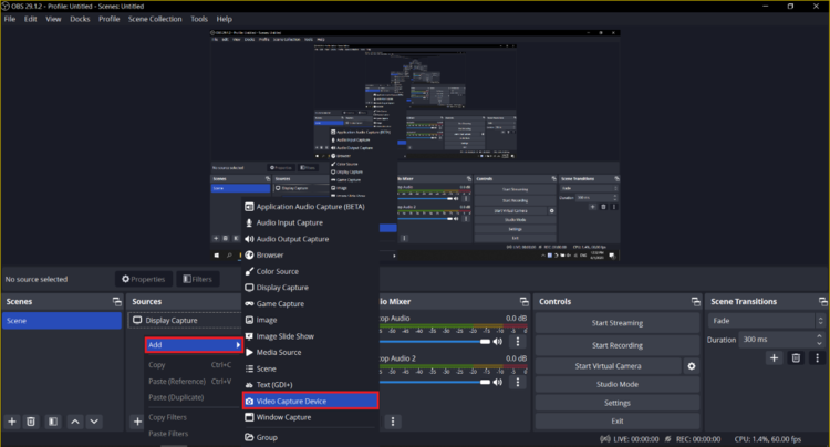 The source tab and add new video display from the OBS application