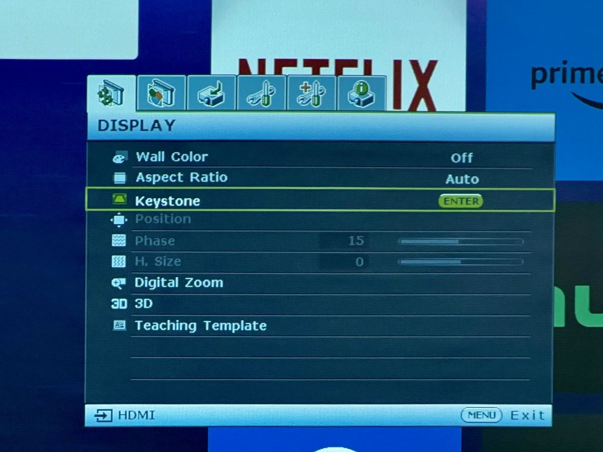 keystone option is highlighted on a benq projector