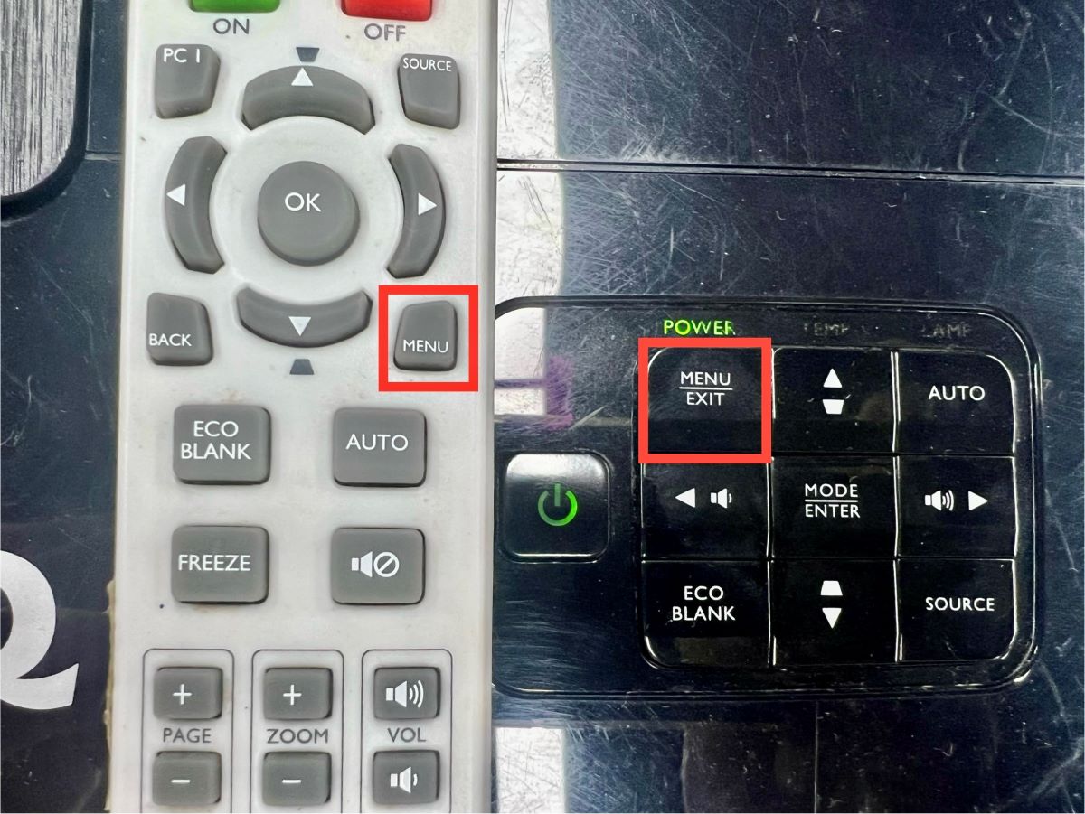 menu buttons on a benq projector and its remote are highlighted