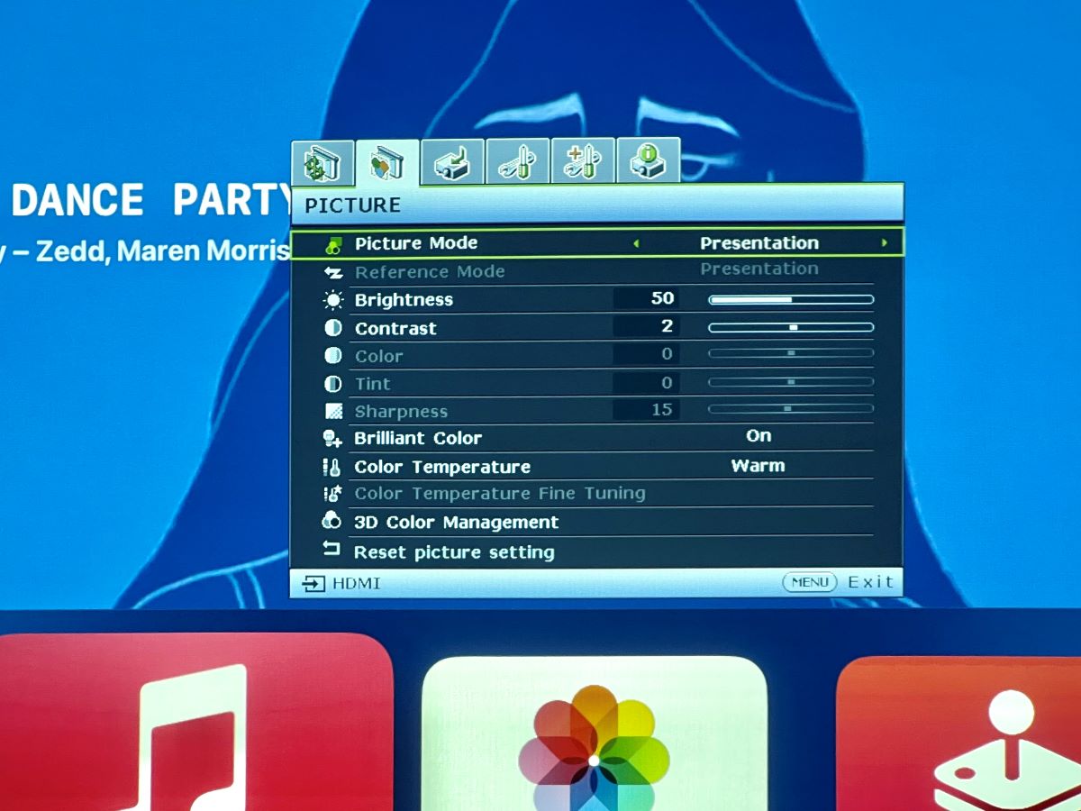 picture settings menu of a benq projector