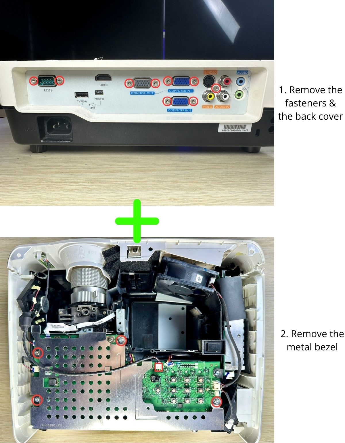 remove the back cover & metal bezel of a benq projector