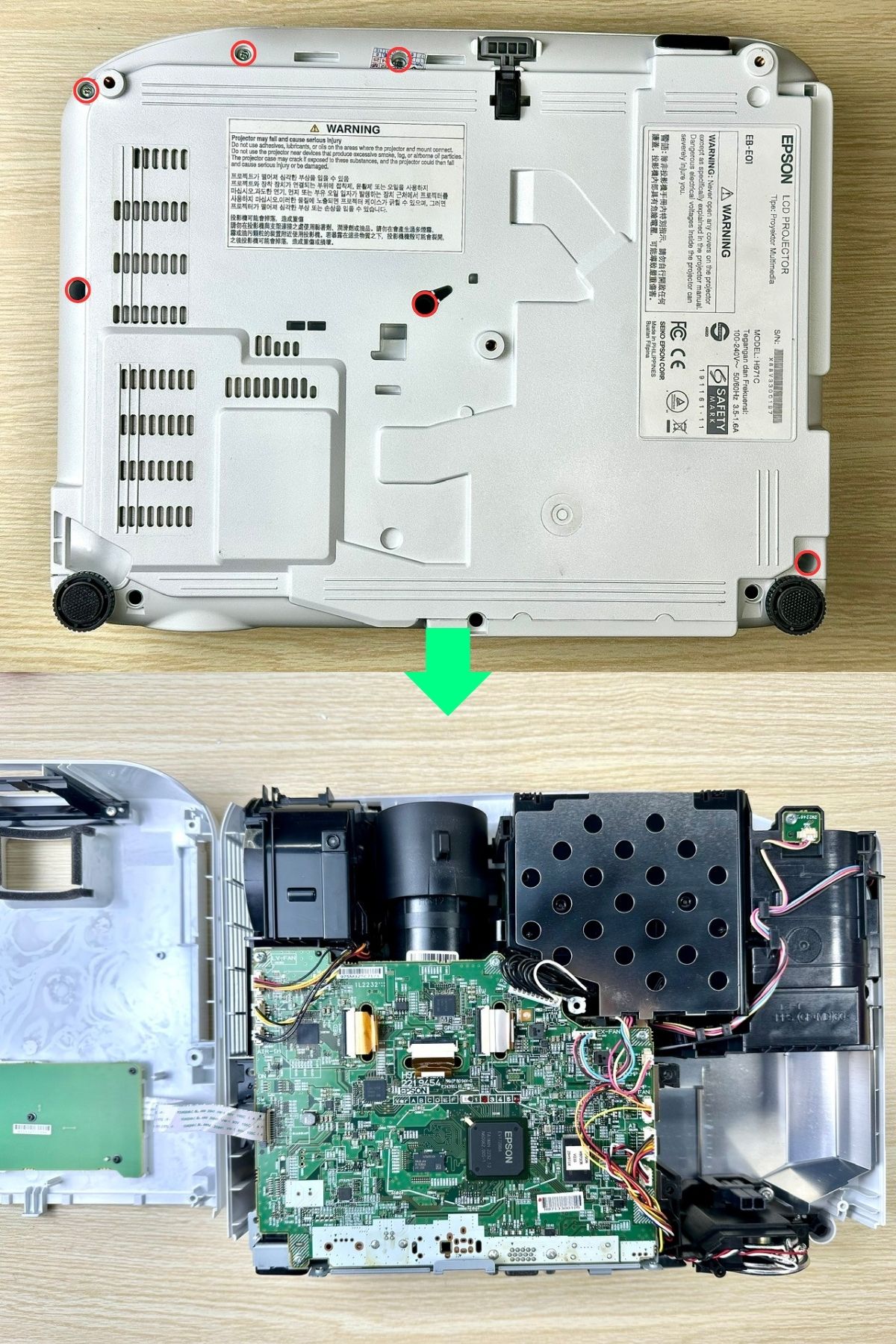 remove the bottom screws & top case of an epson projector