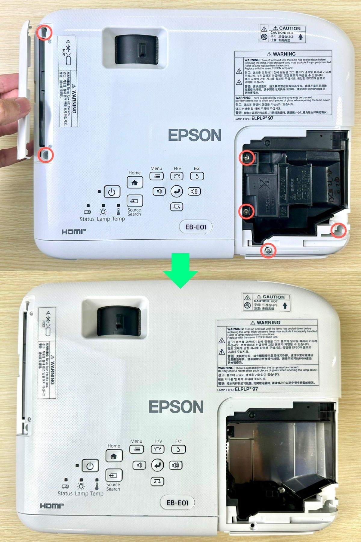 remove the lamp & the top case screws of an epson projector