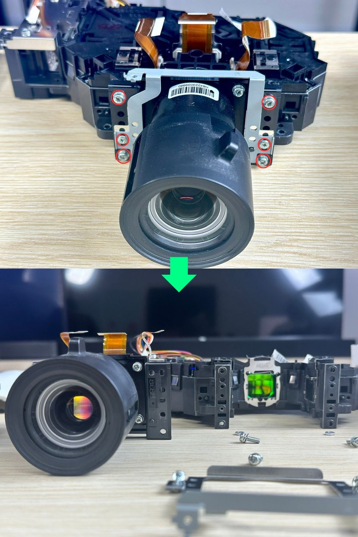 remove the screws that attach the lens & the LCD panels to the black box