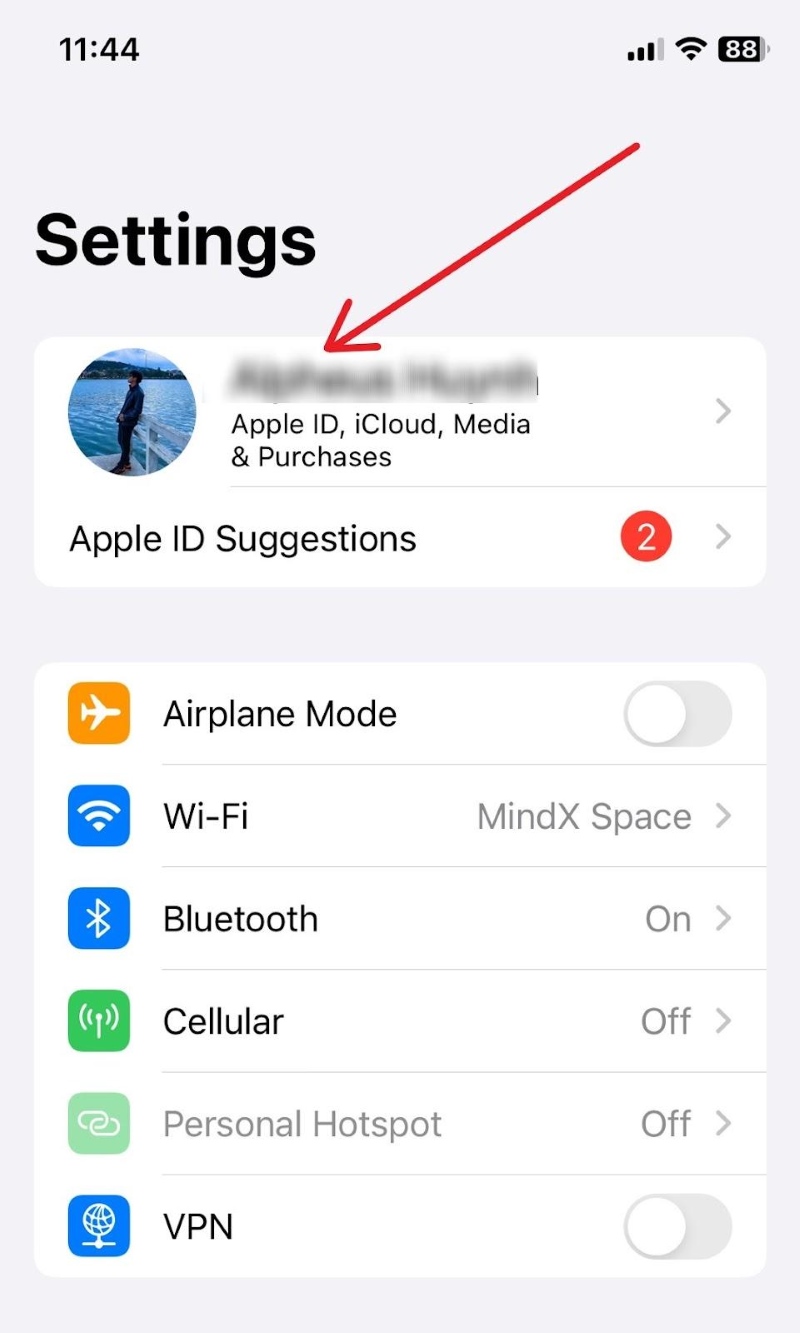 select Apple ID info in the iPhone Settings screen