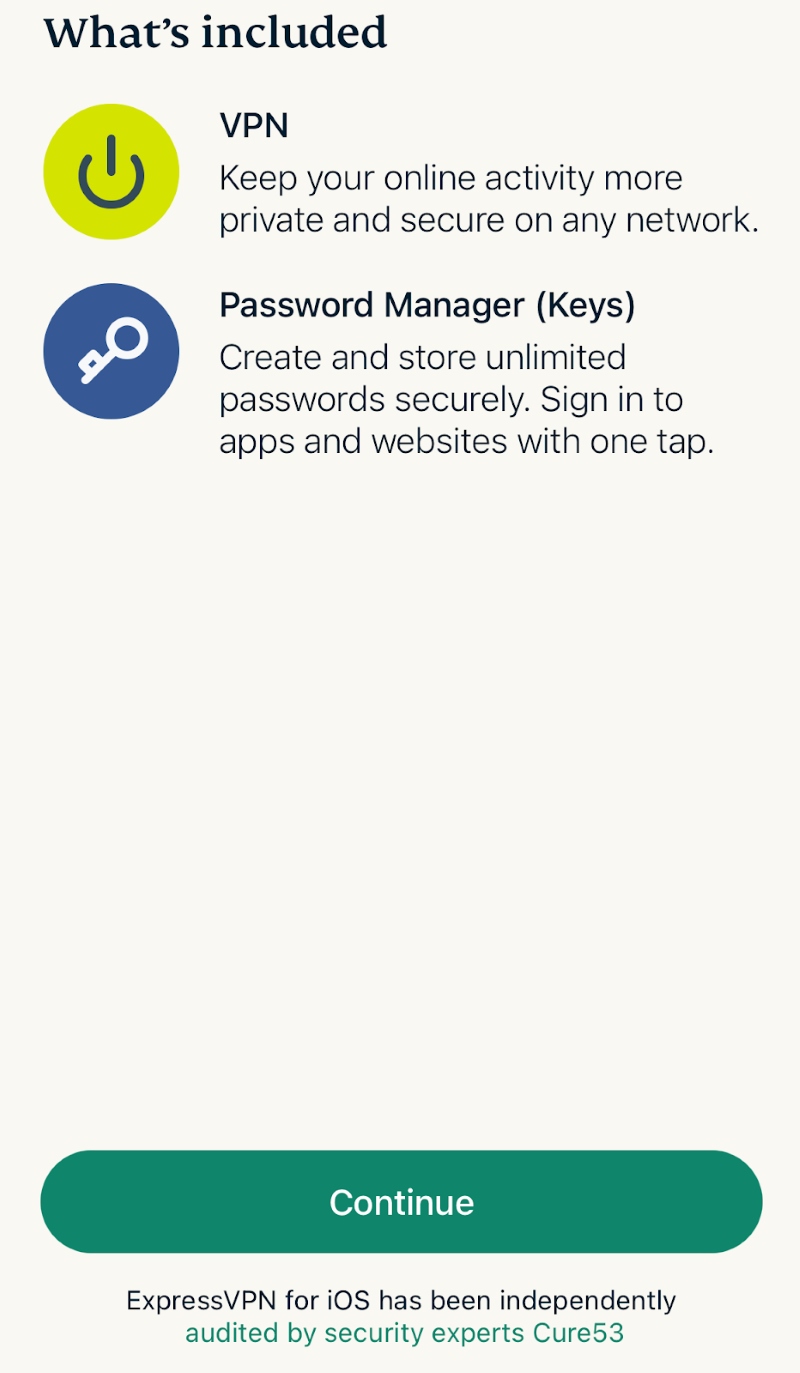 select Continue to create Password Manager in the ExpressVPN app