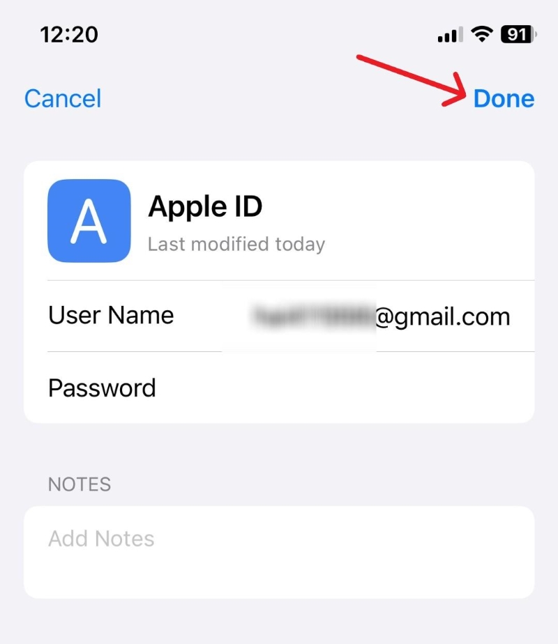 select Done to create a new Apple ID password information on the iPhone
