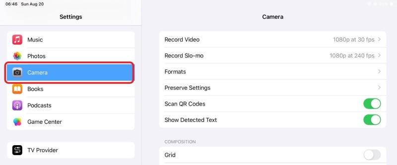 select the Camera settings option on the iPad screen