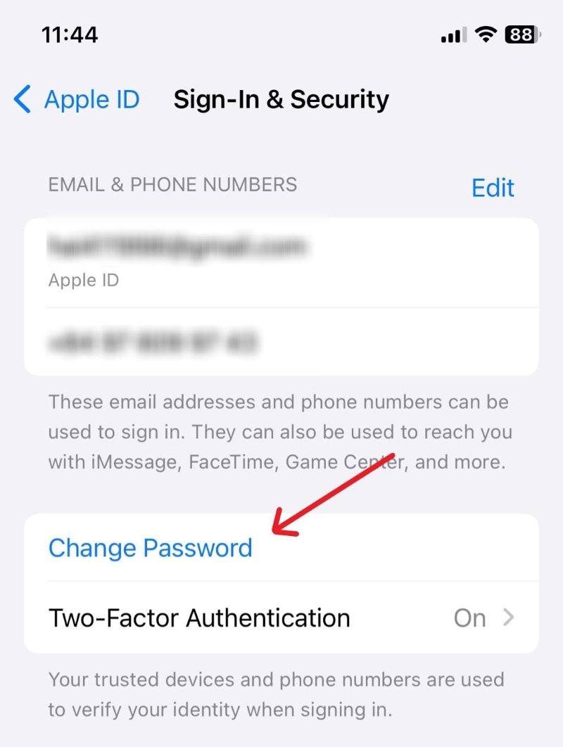 select the Change Password option in the iPhone Sign-in & Security settings