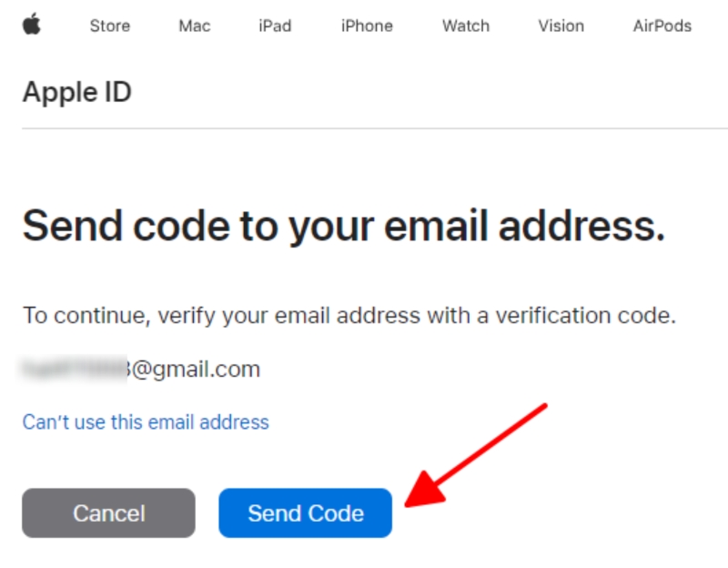 select the Send Code option on the Send code to your email address page