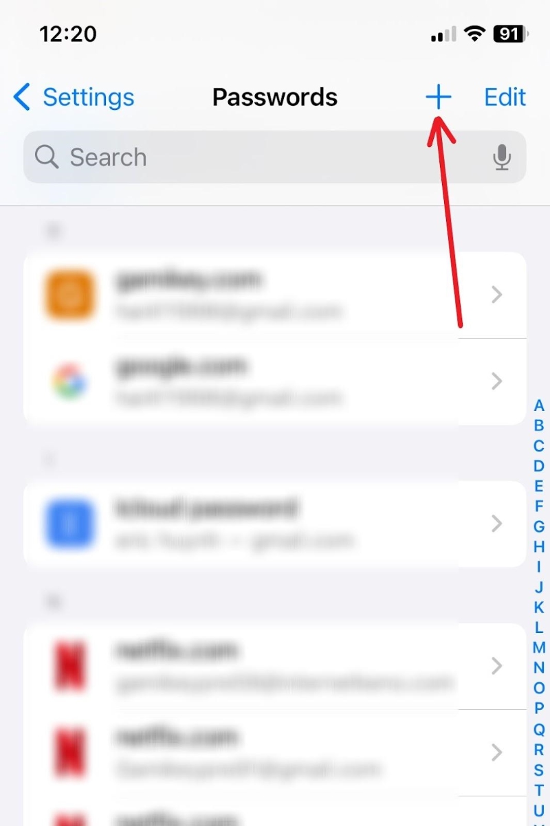 select the plus icon in the iPhone Passwords settings screen